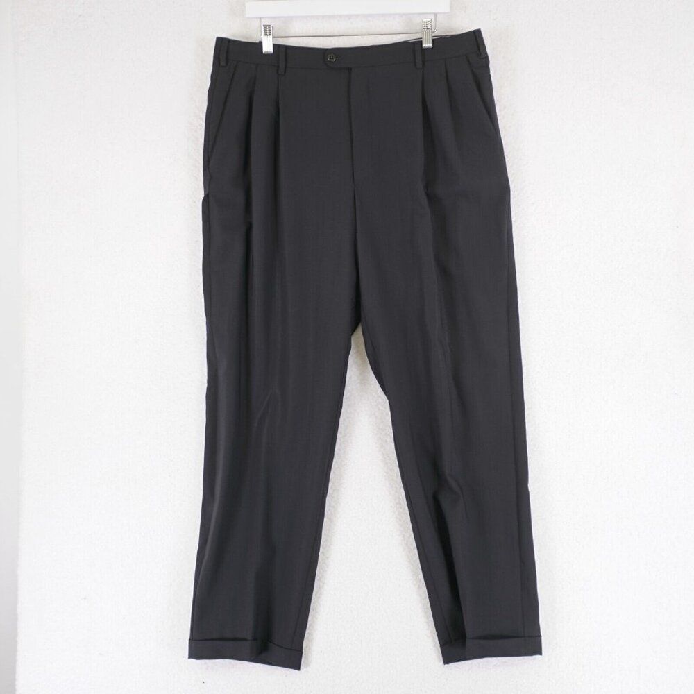 Zanella Bennett Wool BLack Pleated Cuffed Dress Pants 37/31 High Rise Lined Part
